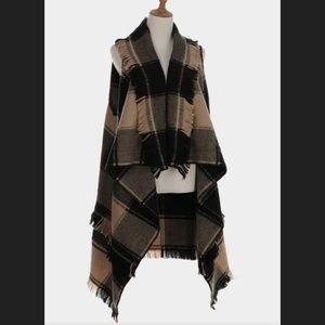 Tan & Black Checked Fringe Vest